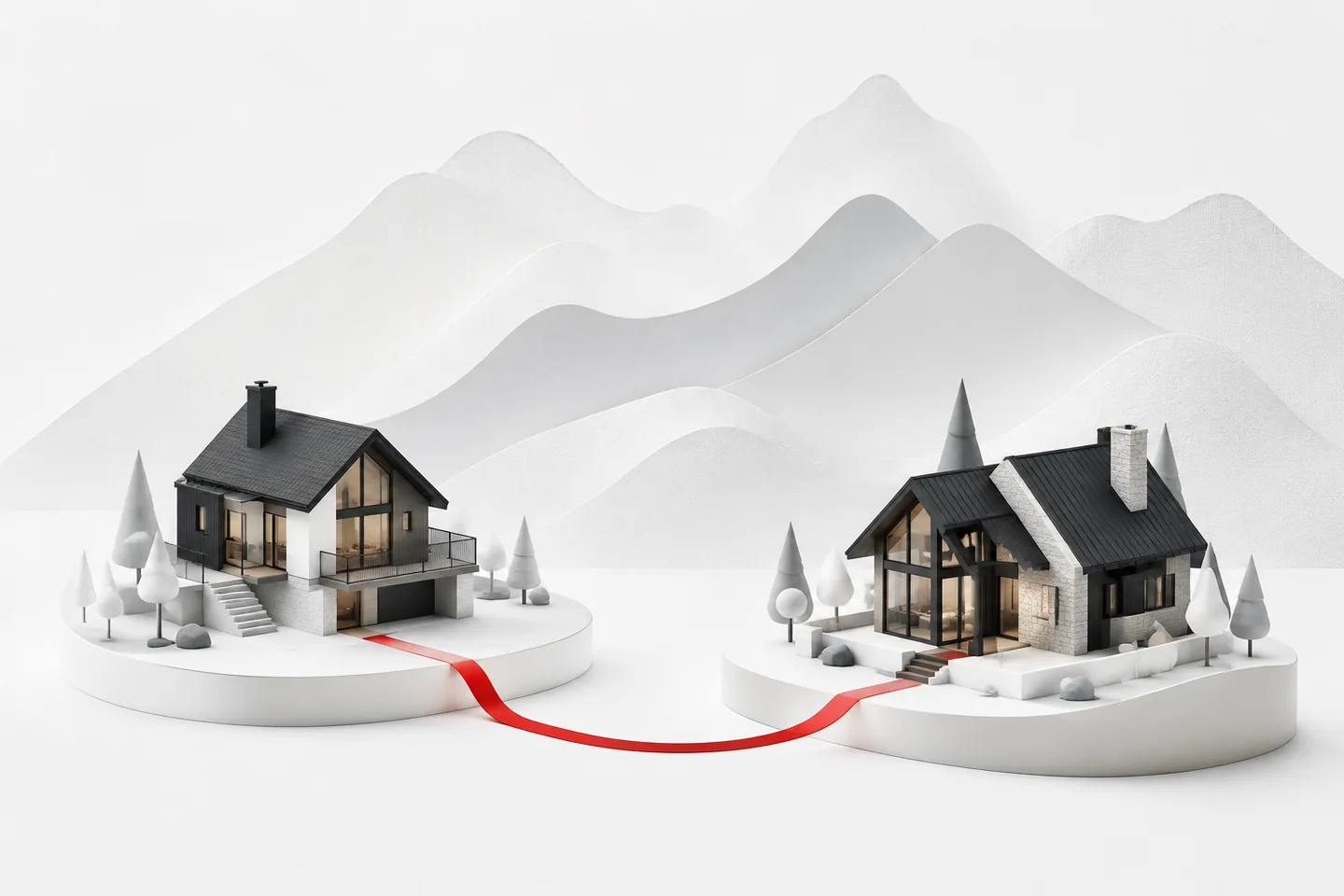 Illustrative mountain-home models on separate white platforms joined by a red ribbon, with layered pale mountains behind them, representing the transition between two homes.