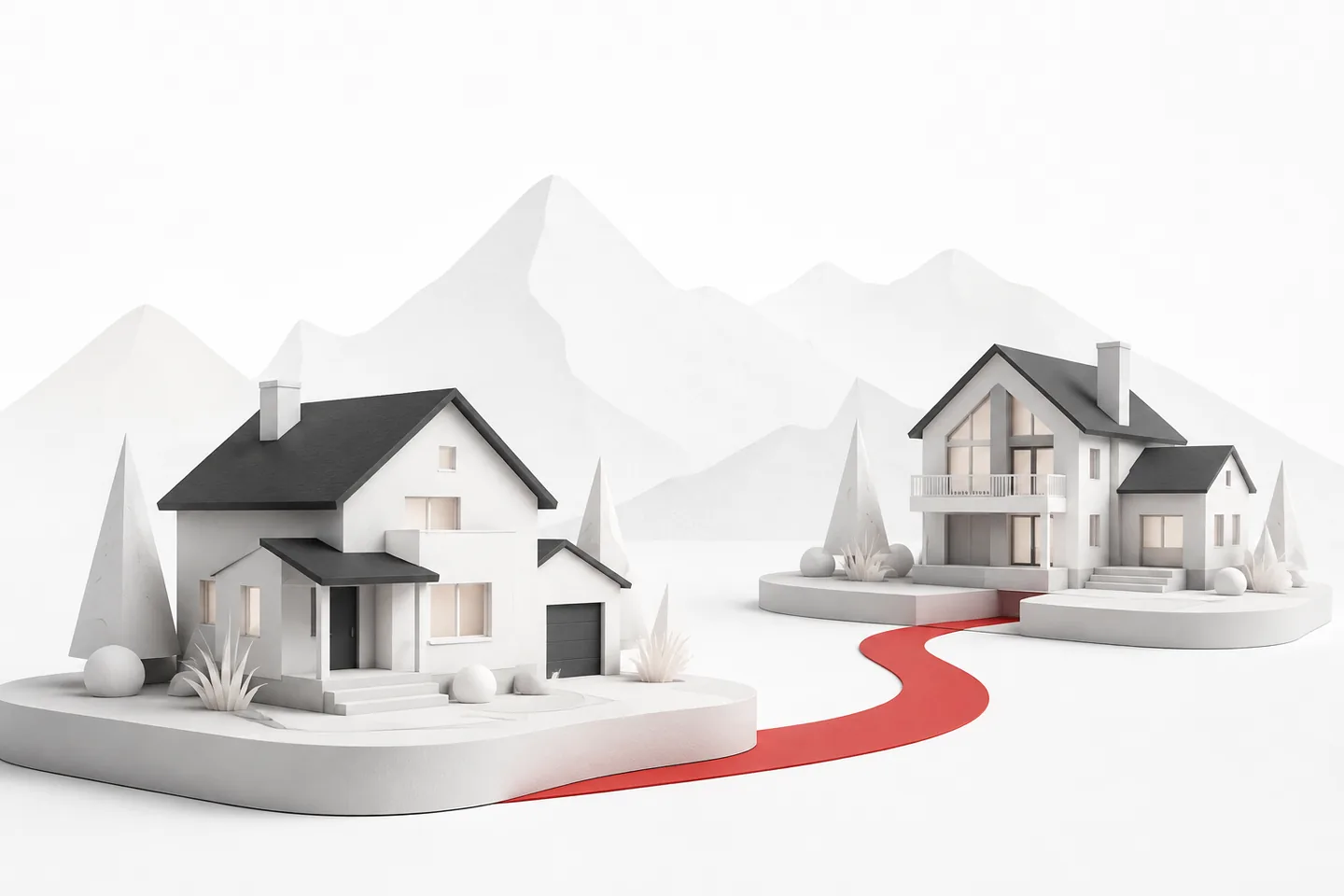 Two white model homes with charcoal roofs on rounded platforms, connected by a curved red path beneath abstract mountain silhouettes.