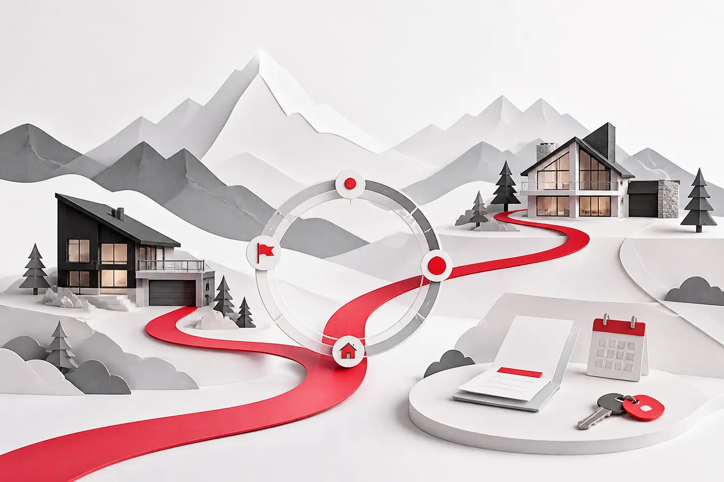 Editorial illustration of two mountain homes connected by a red path, circular timeline, calendar, contract papers, and keys.